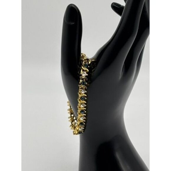 Vintage Gold Tone Metal and Faux Sapphire Faux Diamond Tennis Style Bracelet 80s - Picture 5 of 13